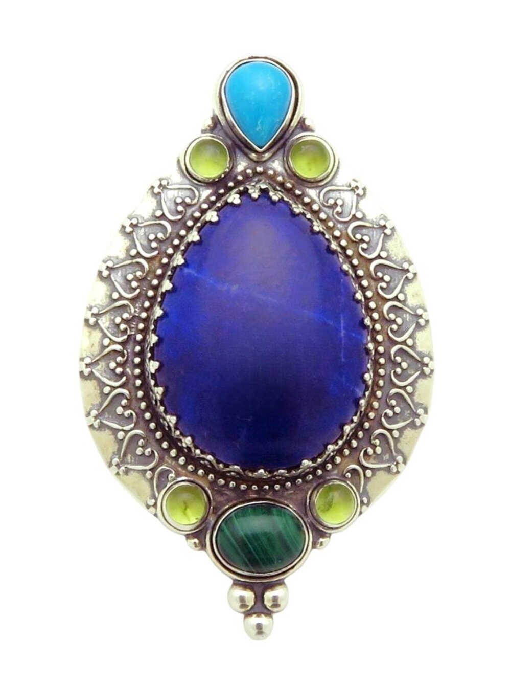 Caroline Pollack Sterling Silver Lapis Lazuli Turquoise Ornate Gemstone Pendant